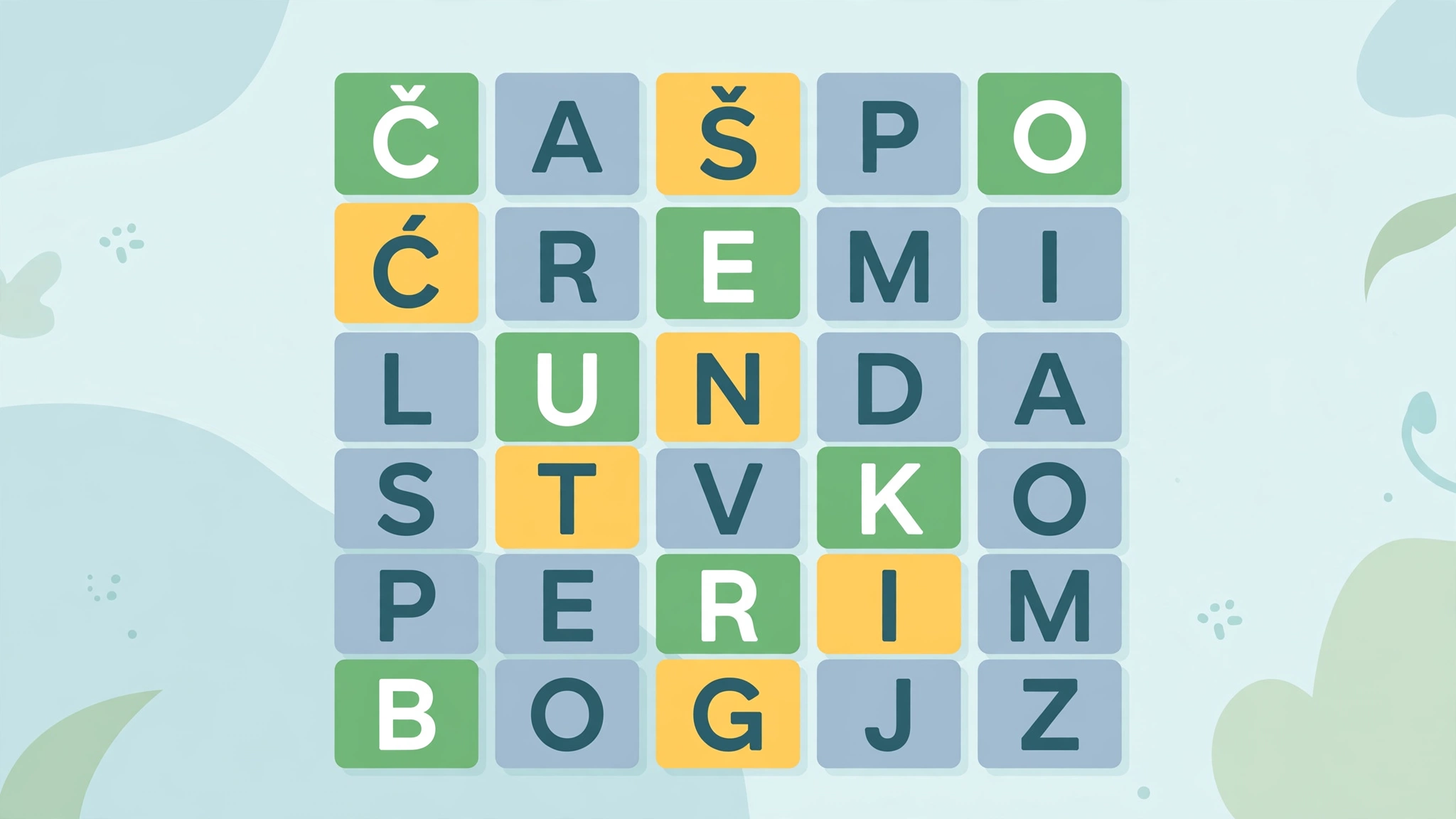 Flat illustration of a Wordle-style letter grid with Bosnian special characters