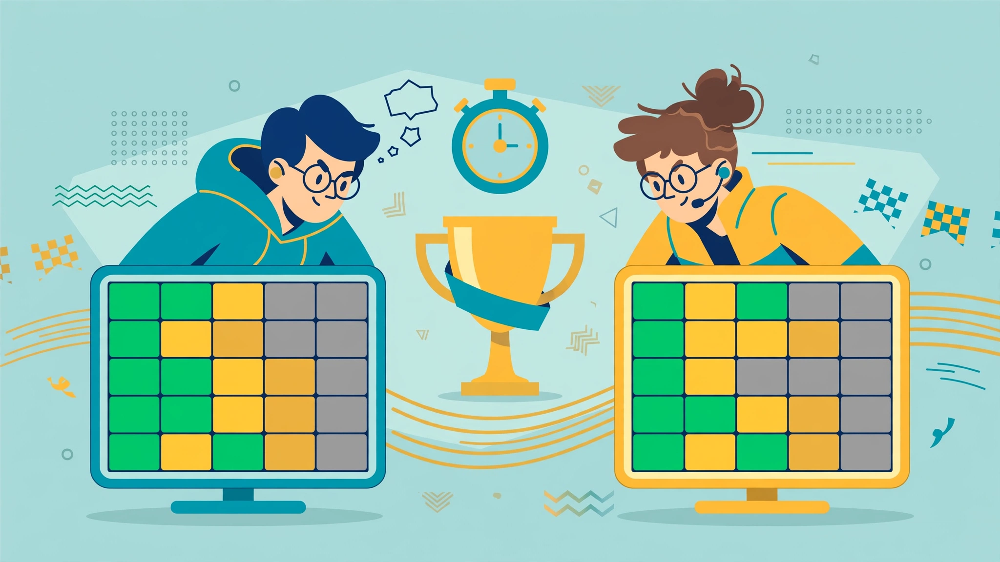 Flat illustration of the Wordle Cup multiplayer word game with two players racing on letter-tile grids