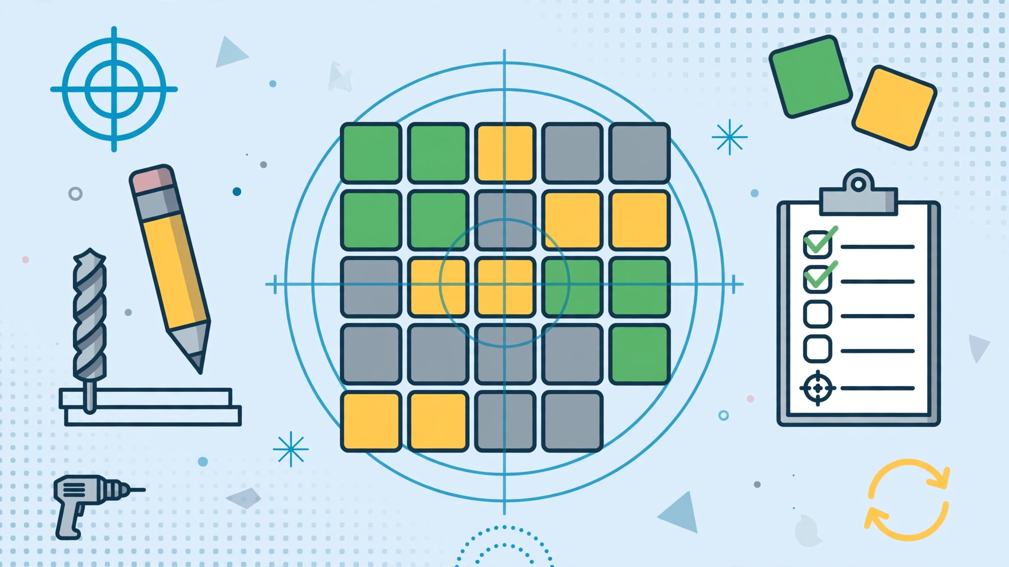 Illustration of a Wordle-style grid with a practice target and letter tiles