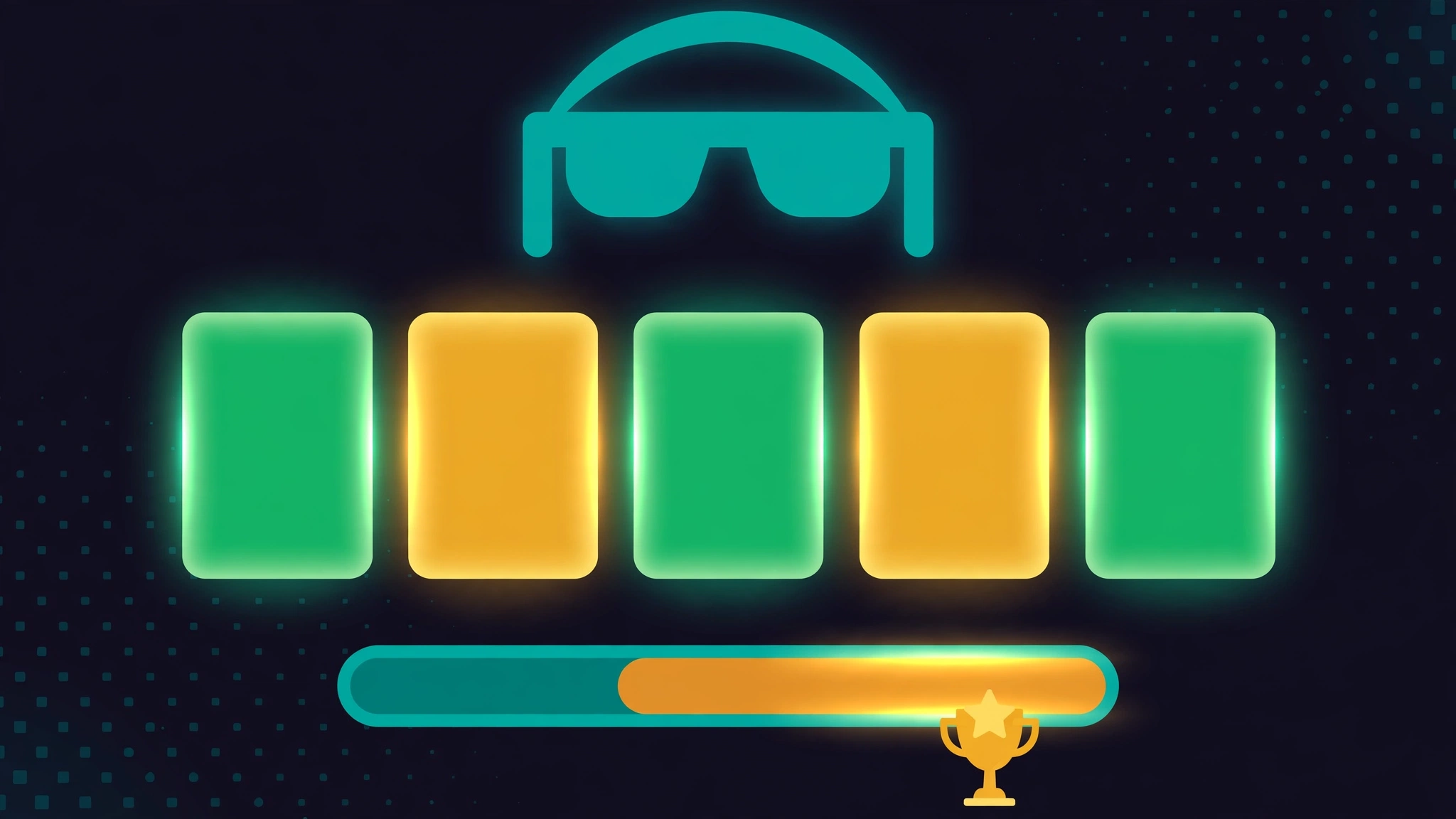 Flat illustration of glowing green and yellow word-game tiles with a VR headset silhouette, representing the Wordle Quest game