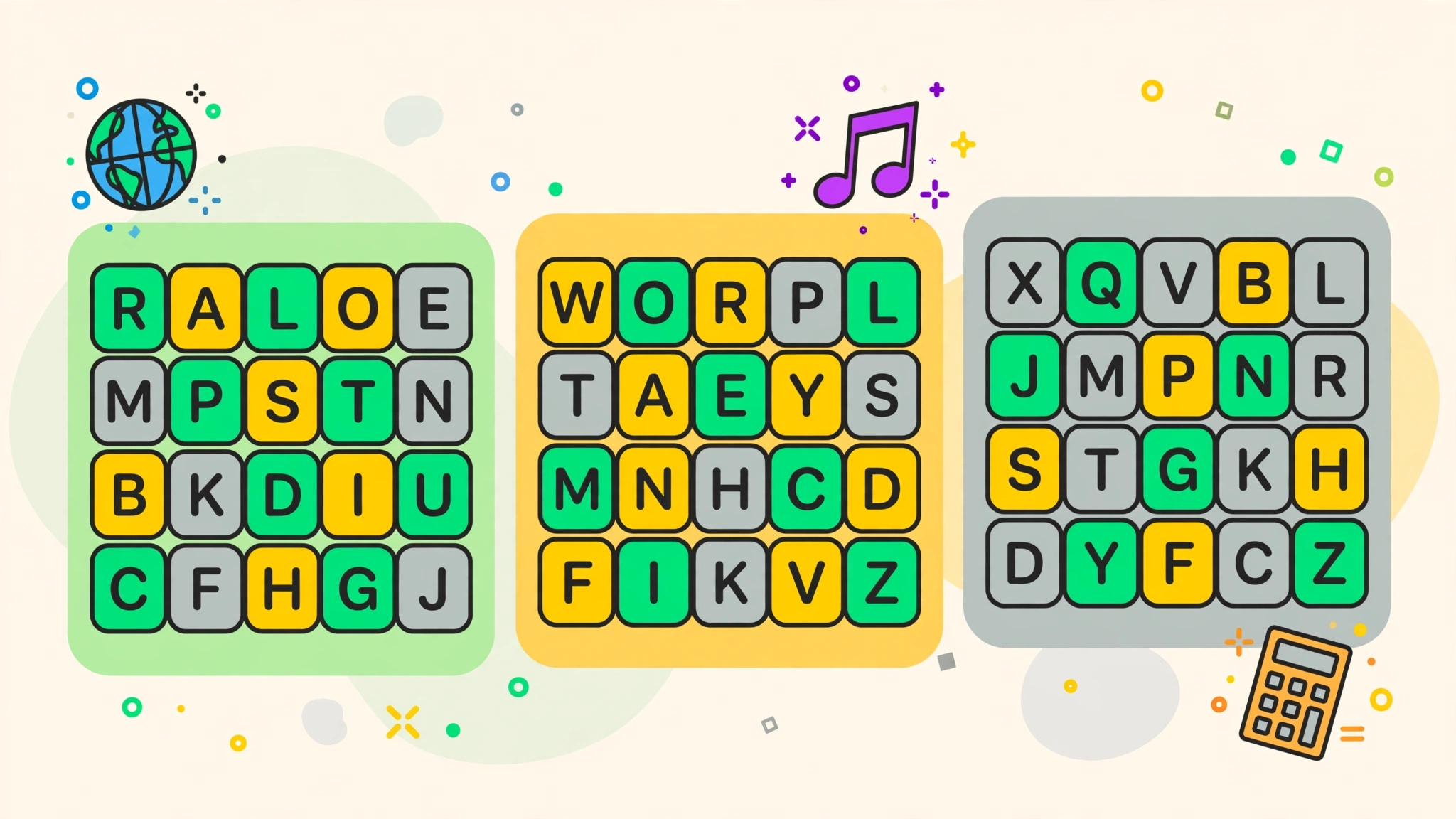 Grid of colorful word game tiles showing different Wordle-type game variants
