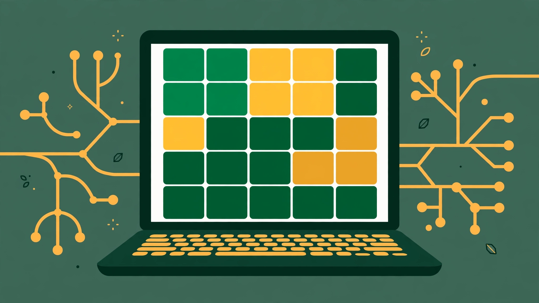 Illustration of a Wordle-style tile grid on a laptop screen with the GitHub logo theme, flat vector design