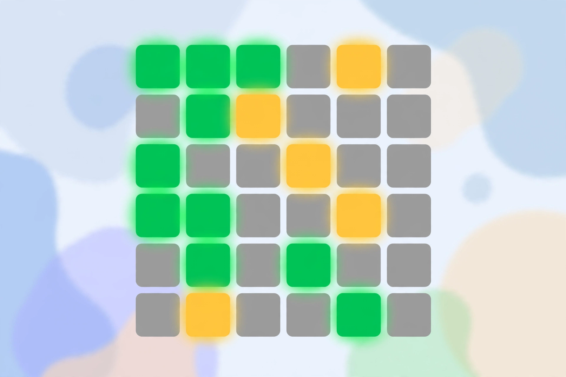 Flat-design illustration of a Wordle-style letter-tile grid with green, yellow and grey tiles