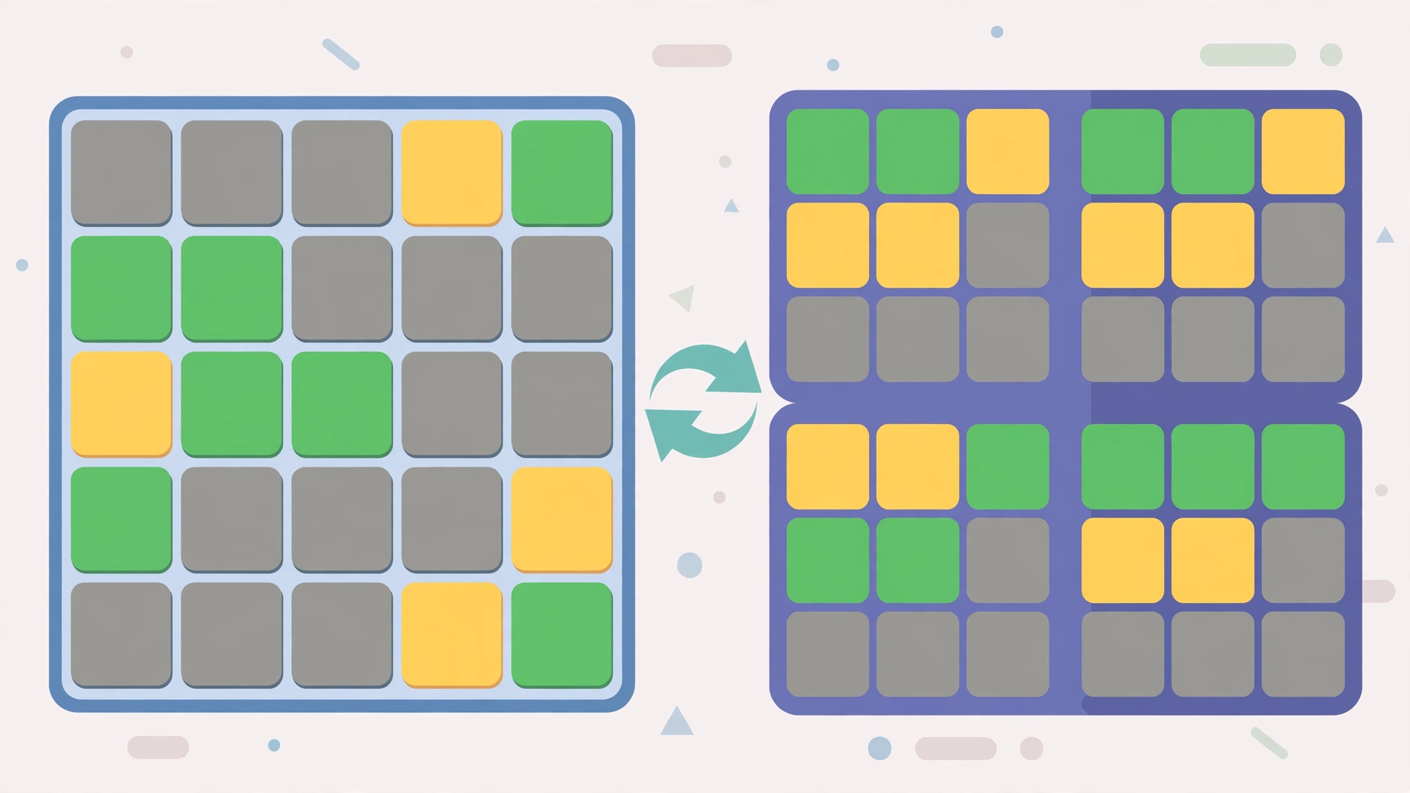 Flat illustration comparing Wordle with Quordle and other word game grids side by side
