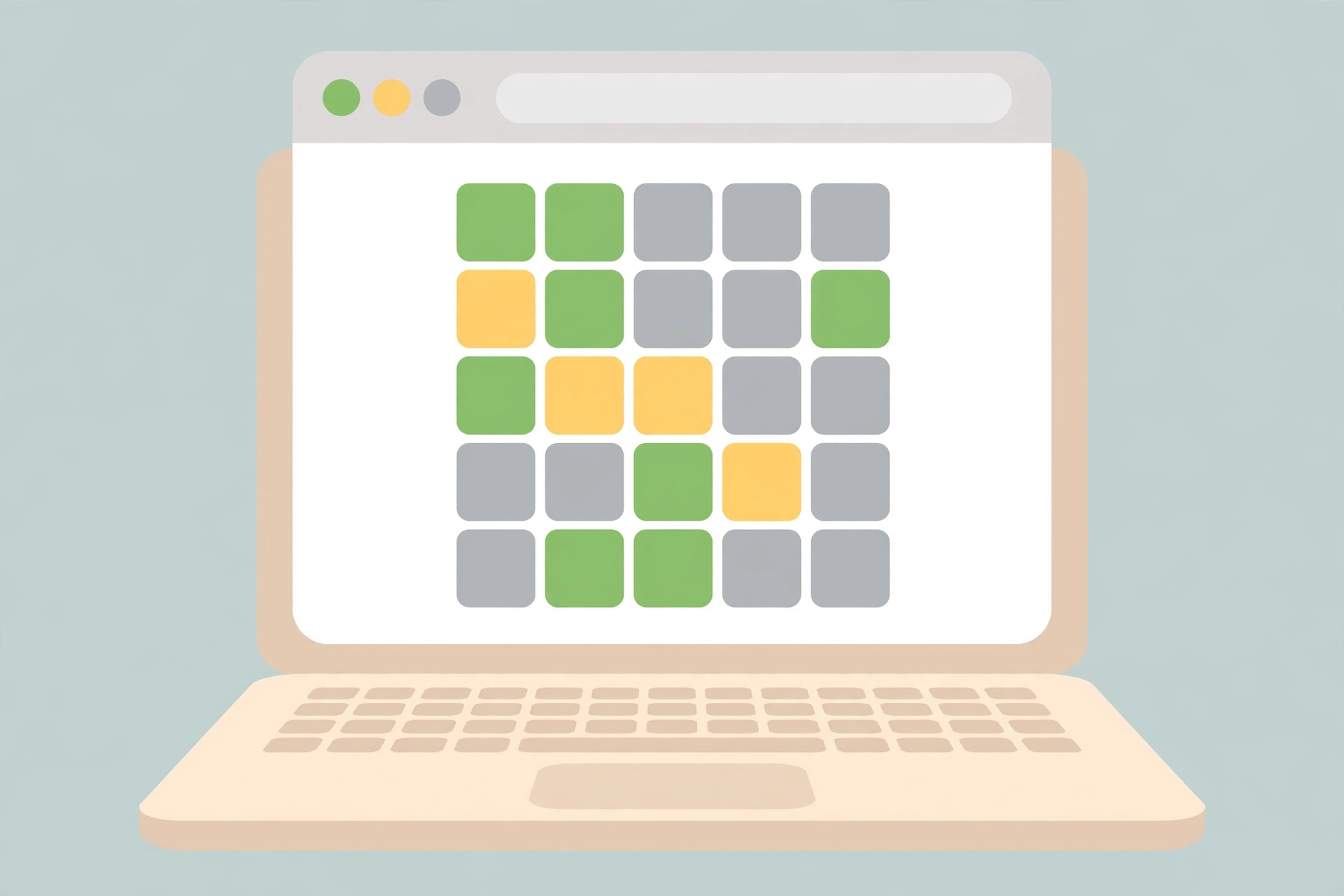 Flat vector-style illustration of a laptop displaying a Wordle grid inside a browser window