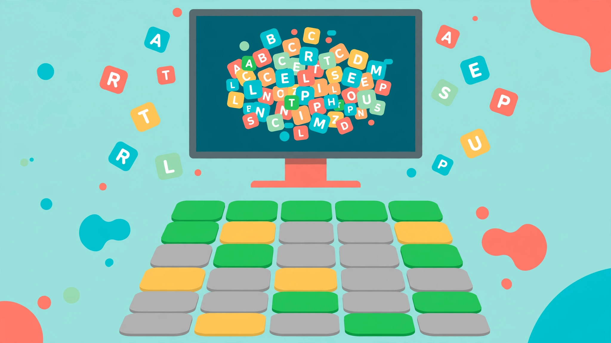 Flat illustration of a computer screen showing a Wordle-style letter grid with a "Wordle Online" word cloud theme