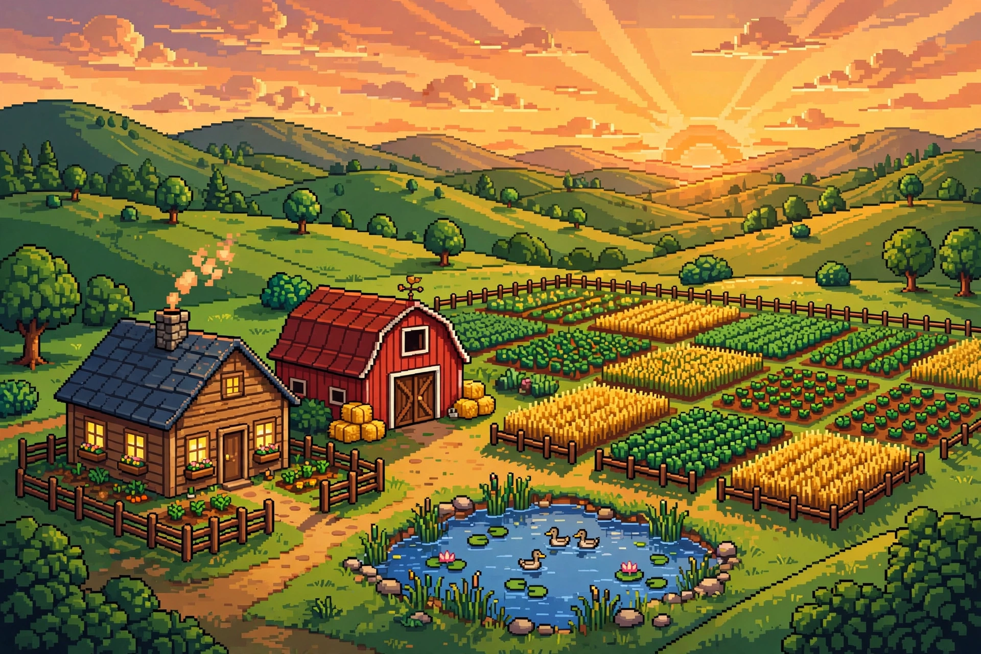 Cosy pixel-art farm scene with crops, a farmhouse and animals at sunset, in the style of Stardew Valley