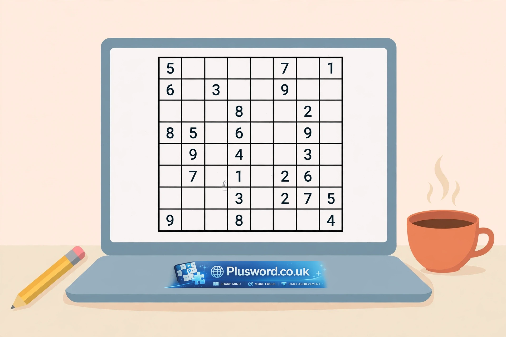 Person playing sudoku online free on a laptop showing a 9x9 number grid