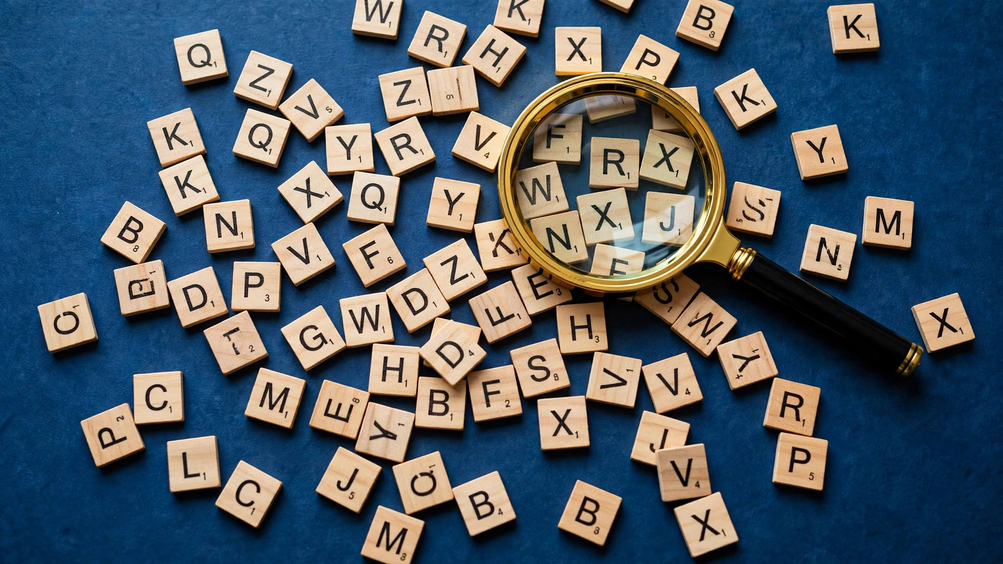 Scrabble letter tiles with a magnifying glass - Plusword free word tools