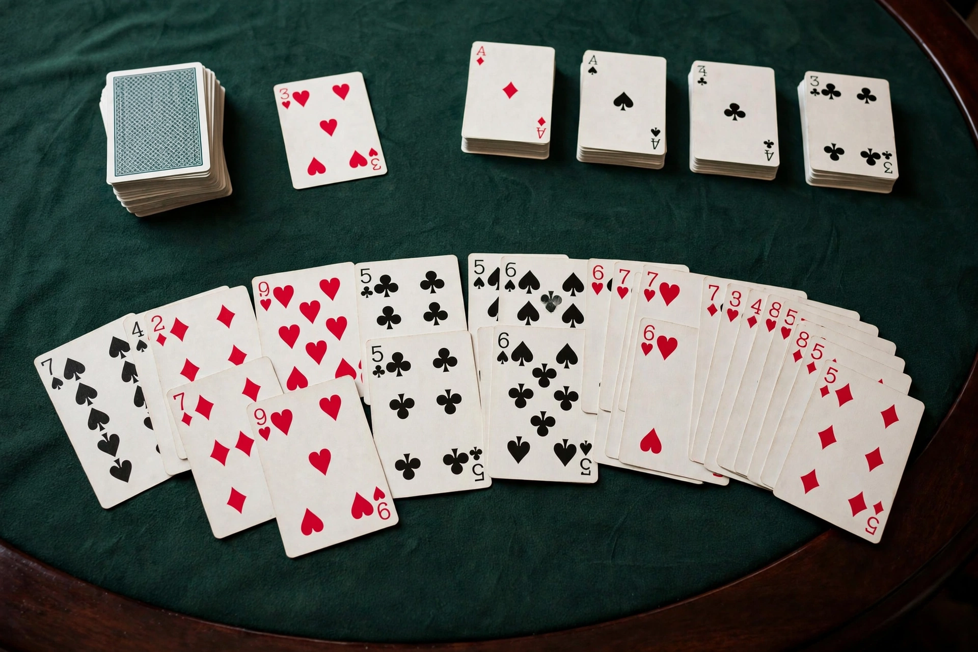 Klondike solitaire tableau setup showing seven columns of playing cards and four foundation piles