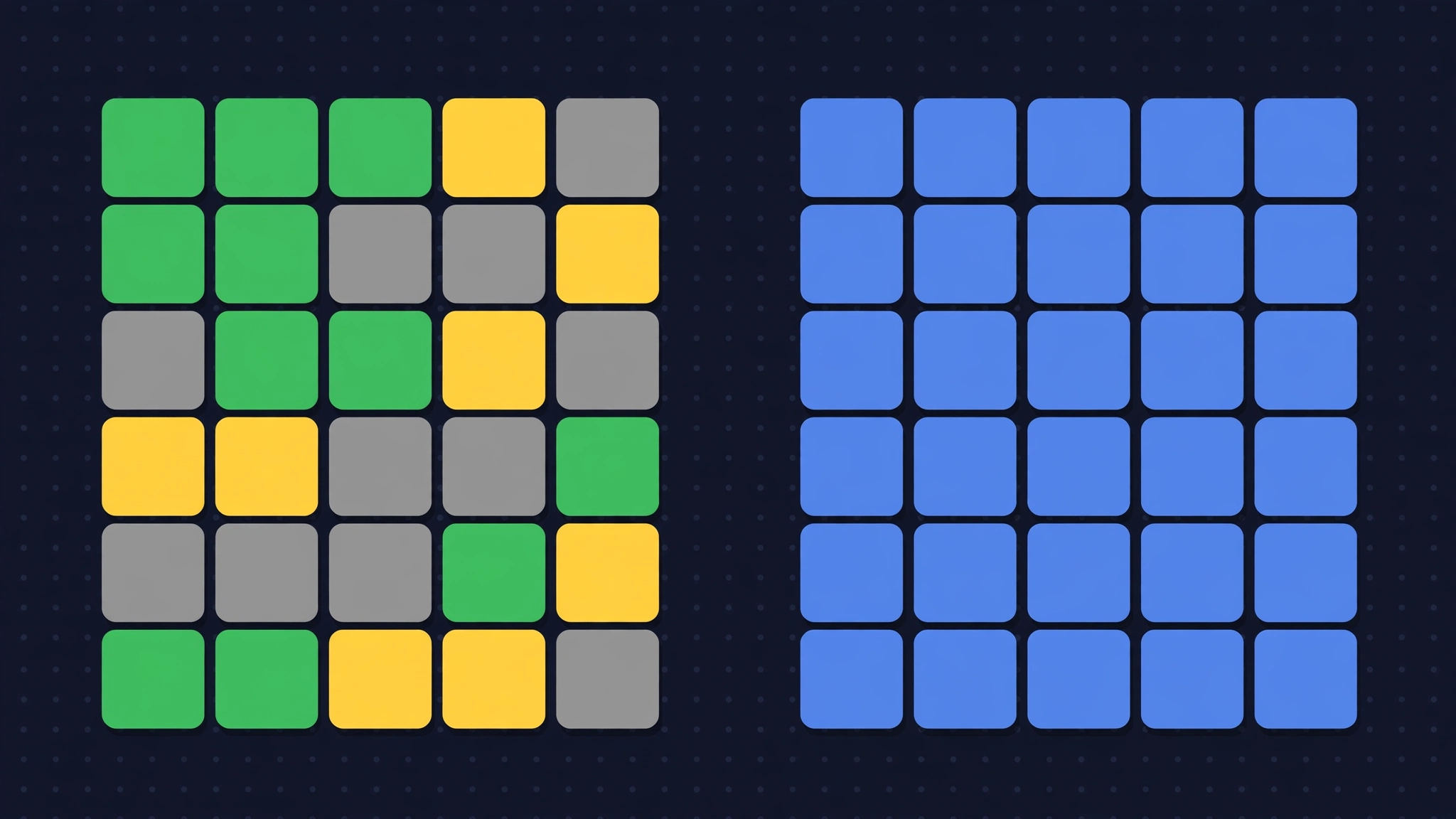 Flat-design illustration of the Crissle Crossle word game with two columns of green, yellow, grey and blue letter tiles